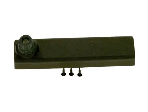 BOSCH Auffangwanne in dunkler Farbe mit einer runden Öffnung auf der linken Seite und drei Schrauben zur Befestigung auf der Unterseite.